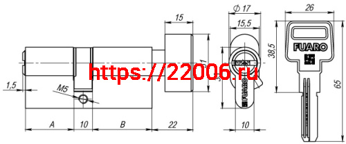 Цилиндровый Fuaro (Фуаро) механизм (R602) R6002Knob68(26+10+32) CP хром 5Key с вертушкой фото 3