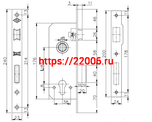 Корпус Kale kilit (Кале килит) врезного замка с защёлкой 152/R (35 mm) w/b (латунь) фото 3