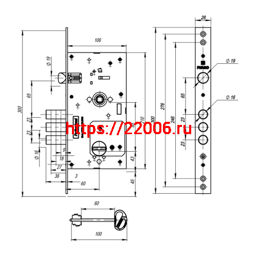 Замок Fuaro (Фуаро) врезной сувальдный MDV25/S-60.85.3R16 4key фото 3