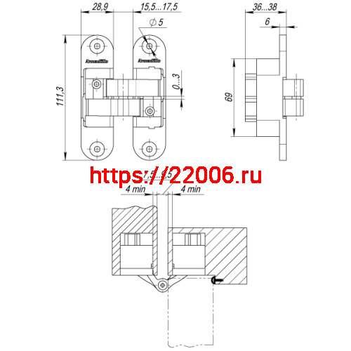 Петля Armadillo (Армадилло) скрытой установки U3D6200R CP правая (Architect 3D-ACH 60) хром 60 кг фото 2 Петля Armadillo (Армадилло) скрытой установки U3D6200R CP правая (Architect 3D-ACH 60) хром 60 кг фото 2
