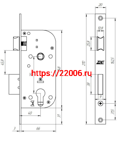 Замок Zenit (Зенит) врезной цилиндровый с защёлкой в комплекте с ручкой ЗВ7-70.4-02 (бронза), 5 кл. фото 3