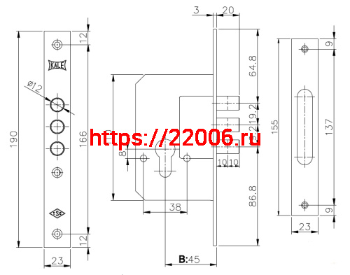 Корпус Kale kilit (Кале килит) врезного замка 189/3M (45 mm) w/b (латунь) фото 3