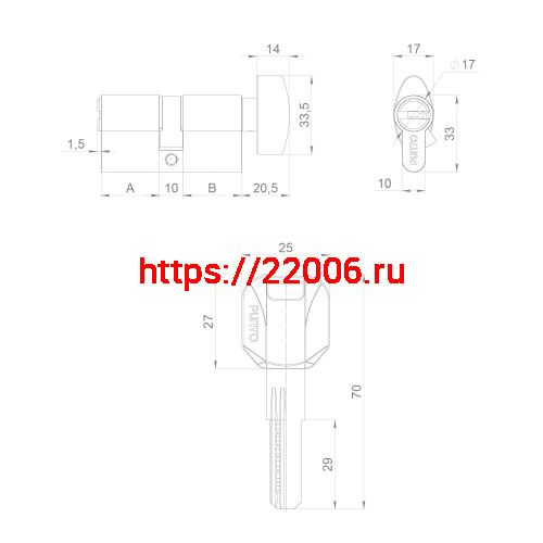 Цилиндровый Punto (Пунто) механизм (Z402/80) Z4002Knob80(35+10+35) с вертушкой PB латунь фото 4