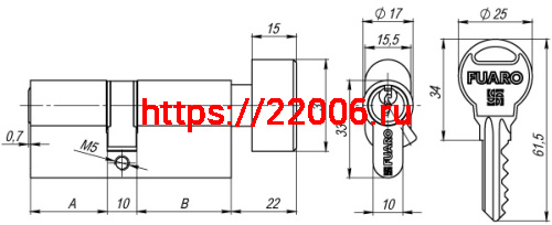 Цилиндровый Fuaro (Фуаро) механизм (R302/60) R3002Knob60(25+10+25) CP хром 5Key с вертушкой фото 3