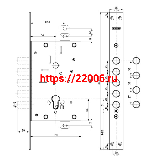 Корпус Mottura (Моттура) врезного замка 82.525W800B фото 3